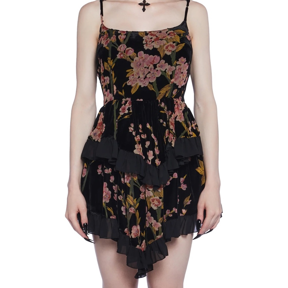 NWT. Black mini dress w/ pink floral print. Tiered with ruffles. XXL. Dolls Kill